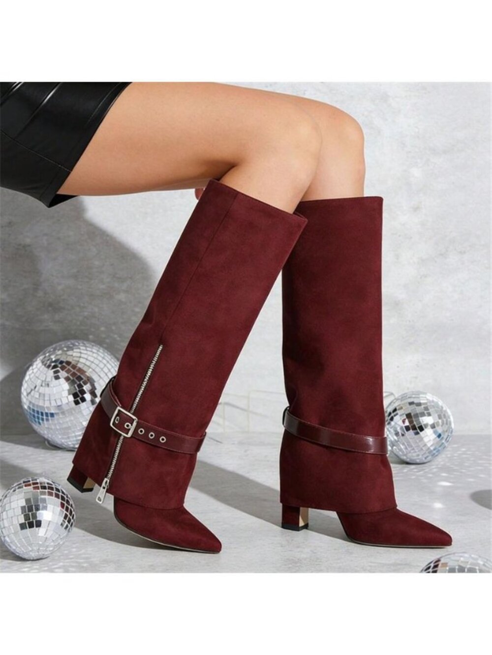 NWT Fold Over  Knee High Boots for Women Chunky High Heels Pointed Toe
